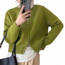 women Sweet Zipper Cropped Sweaters Korean Knitted Cardigan Autumn Vintage Knitwear Coat Casual Short Jumpers Jackets Outerwear 14S7#