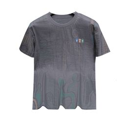 HanCool Ice Silk Oxford Linen Full Body Printed Short Sleeved T-Shirt 2024 Light Luxury High End Men's Fashion Half Sleeved Top