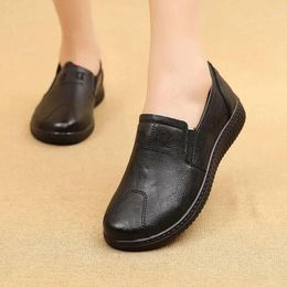 Casual Shoes Solid Black Leather Womens Spring Soft Round Toe Outdoor Woman Simple Flats