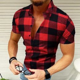 Summer Mens Polo Collar Large Plaid Simple Short Sleeve Shirt Slim Fit Fashion Casual Multi Color Shirts For Men 240328