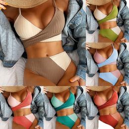 2023 New Solid Colour Colour Matching Thick Pit Strip Cross Straps High Waist Women Bikini Sexy Swimsuit Q7hn#
