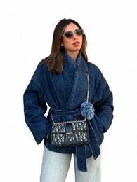 trafza donna primavera Fi giacche denim blu con scollo a V cintura manica lunga decorare cardigan femminile chic cappotti stile streetwear i5nZ #