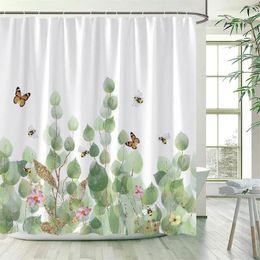 Shower Curtains Green Leaves Watercolour Eucalyptus Leaf Butterfly Pink Flowers Plant Polyester Fabric Bathroom Decor With Hooks