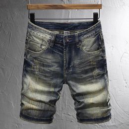 Men's Jeans Summer Fashion Designer Short Men High Quality Retro Washed Blue Stretch Slim Fit Ripped Vintage Denim Shorts