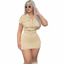 hlj Fi Street Style Women Zipper Drawstring Mini Dres Casual Short Sleeve Solid Color Slim Vestidos Summer Clothing 2023 N7Eu#