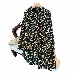 plus size women's spring casual floral dr Black polyester party dr Single breasted cardigan skirt Home commute t82O#