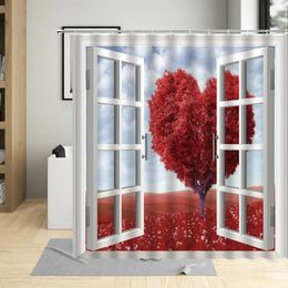 Shower Curtains Red Heart Shape Tree Flower Meadows Pattern Curtain Polyester Fabric Waterproof Bathroom Decor Bath With Hooks