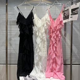 Casual Dresses Absgd 2024 Summer Collection Sleeveless V Neck Ruched Ruffles Long Chiffon Dress Women Maxi Vestido Robe