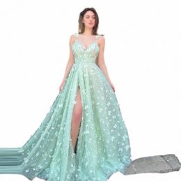 sevintage Mint Green 3D Butterfly Beadings Tulle Prom Dres V-Neck Spaghetti Straps High Side Split A-Line Evening Gowns 2023 C1GC#