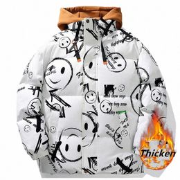 new Graffiti Street Unisex Winter New Lg Warm Thick Hood Parkas Jacket Coat Outwear Outfits Classic Windproof Pocket Parka e8Qs#