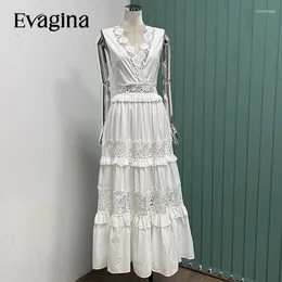 Casual Dresses Evagina Fashion Runway Designer Women's Hollow Halter Skirt Embroidered Water-Soluble Flower V-neck Sleeveless Waist Dress