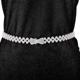 Waist Chain Belts Womens all-fit pearl waist chain all-fit sweet waist seal elastic belt pearl decorative womens accessories Y240329