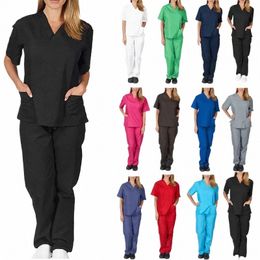 european and American New Solid Color Pocket V-neck Nursing Work Uniform Protective Clothing Nurse Uniform Two-piece Suit G8aS#