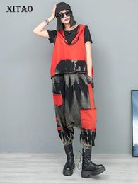 Women's Two Piece Pants XITAO Casual Pant Set Patchwork Hooded Vest Sleeveless Hanging Crotch Spring Fashion Women Two-piece Sets LYD1737