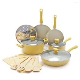 Cookware Sets GreenLife Ceramic Nonstick Yellow 15pc Set Cooking Pots Kitchen