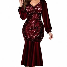 plus Size Sequin Cocktail Midi Dr Lantern Lg Sleeve V-Neck High Waist Bodyc Sexy Even Party Dres for Women Clothing U3fB#
