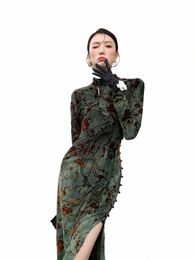 cheerart Vintage Green Floral Bodyc Chegsam Dr Lg Sleeve Midi Ladies High Slit Qipao Dres Womens Fi Clothes n7C7#