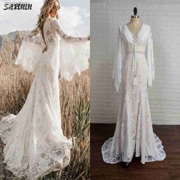 Urban Sexy Dresses Flare Sleeves Boho Wedding Dress V Neck Long Bell Sleeve Backless Cut Out Lace Destination Elopement Bridal Gown Hippie Bride yq240329