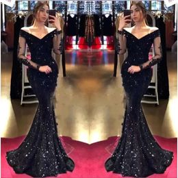 Sparkling Sequins Mermaid Evening Dresses With Long Sleeves Black Off The Shoulder Tulle Lace Appliqued Prom Party Gowns Arabic Aso Ebi Robe De Soiree BC