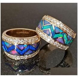 With Side Stones Fashion 18K Gold Wide Band Rings Ladies Rhinestone Paved Opal Ring Us Size 5-11 Drop Delivery Jewellery Dhyjs