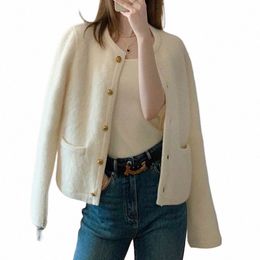 rimocy Elegant Knitted White Jacket Women Round Neck Autumn Winter Fuzzy Cardigan Woman 2024 New Lg Sleeve Sweater Jacket B6rb#