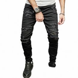 2023 Men's Jeans Stretch Tight Casual Black Denim Pants Holes Full Length Streetwear Ripped Jeans A7nG#