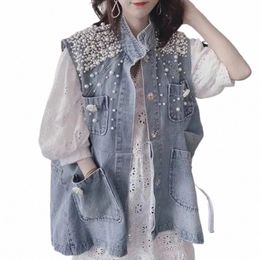 2024 New Women Pearl Denim Waistcoat Korean Fi Cardigan Vintage Loose single-breasted Vest female Sleevel Jacket R368 D8kB#