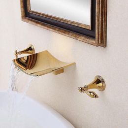 Bathroom Sink Faucets Free Ship Modern Ti-PVD Gold Waterfall Wall Mount Bath Widespread Faucet Tap