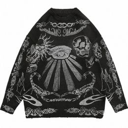 hip Hop Rock Y2K Zipper Cardigan Knitted Warm Loose Skull Cott Sweater Ethnic Top Clothing Autumn and Winter New Street Style Z1ln#