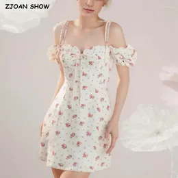 Casual Dresses 2024 Retro French Style Summer Small Flower Print Bow Lacing Up Strap Mini Dress Sexy Short Puff Sleeve Robe Holiday