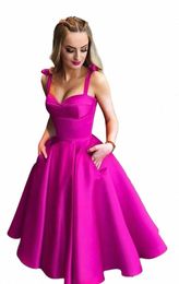 fuchsia Prom Dres 2024 Satin Knee Length with Pockets Spaghetti Strap A Line Evening Formal Party Gws Graduati Homecoming N2G2#