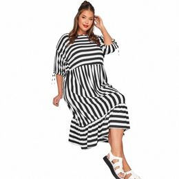 plus Size Summer Elegant Striped Smock Dr Women Loose 3/4 Tie Sleeve Frill Hem Party Dr Casual Midi Maxi Tiered Dr 6XL H535#