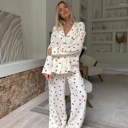 Home Clothing Spring Autumn Love Print Comfortable Long Sleeve Trousers Pyjamas Two-piece Set Cardigan V-Neck Casual Ladies Sleepwear