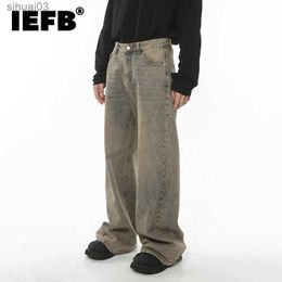 Men's Jeans IEFB mens luggage jeans Hong Kong style wearing loose leg denim pants chic Distressed Streetwear vintage mens Trousers 9C2019L2403