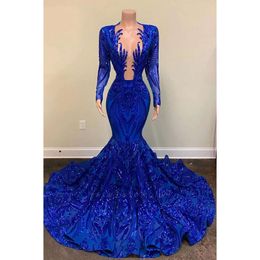 Stunning Blue Sequined Lace Mermaid Prom Dresses Vintage Long Sleeve Sexy Plunging V Neck Formal Ocn Evening Gowns Junior Graduation Wears BC