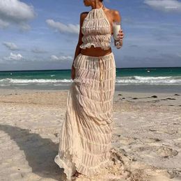 Work Dresses 2024 Spring Summer Chiffon Pleated Sets Women Sexy Halter Backless Hollow Top & Lace-up Skirt Outfits Lady Solid Boho Beach