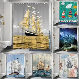 Shower Curtains Ship Anchor Rudder Boat Curtain Pirate Sailboat Starfish Bathroom Wall Hanging Waterproof Hooks Screen Decor