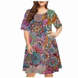 6xl Plus Size Dres Women Abstract Painted Print Dr Summer Vintage Pattern Short Sleeve A-Line Dr Casual Party Sundr u7sP#