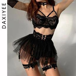 Bras Sets Lace Lingerie French Fantasy Outfits See Through Black Garter Women Underwear With Mesh Skirt Romantic Erotic Intimate Suit