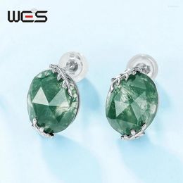 Stud Earrings WES 925 Sterling Silver For Woman Natural Gemstone 10 12mm Moss Agate Christmas Party Gift Wedding Fine Jewelry