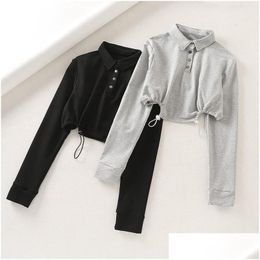 Women'S T-Shirt Autumn Women Casual Grey Short Top T Shirts Long Sleeve Female Black Front Buttons Crop Tops Loose Cotton Tee Jumpers Dh5Ak