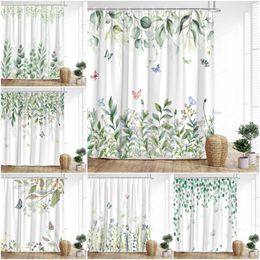 Shower Curtains Botanical Curtain Spring Green Leaves Vines Palm Butterflies Hummingbirds Tree Branches Farm Planks Bathroom Decor