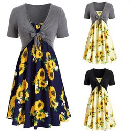 Party Dresses For Women 2024 Plus Size Short Sleeve Bow Knot Bandage Top Sunflower Print Mini Dress Suit Robe Femme Sexy