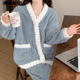 Home Clothing Comfortable Soft Coral Velvet Solid Warm Fur Set Sleepwear For Women Winter Product Cardigan Colour Casual