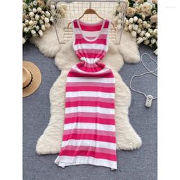 Casual Dresses Korean Women Striped Knitted Dress Clothing 2024 Design Color-matching Mid-length Sleeveless Vacation