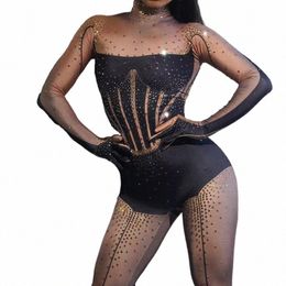 shiny Diamds Spandex Stretchy Club Rompers with Gloves Sexy Women Wear for Nightclub Bar Party Wear Summer Dr Tiaotiaohei L2EF#