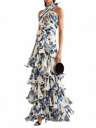 elegant Women's Printed Vestidos Sleevel Neck-mounted Female Formal Wear Aesthetic Layered Ruffled Hem Evening Party Dres a0Ha#