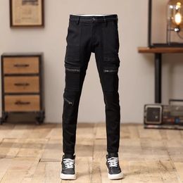 Men's Jeans Street Fashion Men Black Stretch Skinny Hip Hop Zipper Pocket Designer Elastic Denim Pencil Pants Punk Trousers