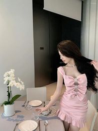 Casual Dresses Brand Design Satin Suspender Dress For Women Summer High-end Pink Bow Cut Out