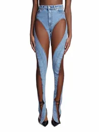ecr Streetwear Patchwork Mesh Mop Jeans For Women High Waist Spliced Pockets Slimming Flare Denim Pants Female Fi Style v6cW#